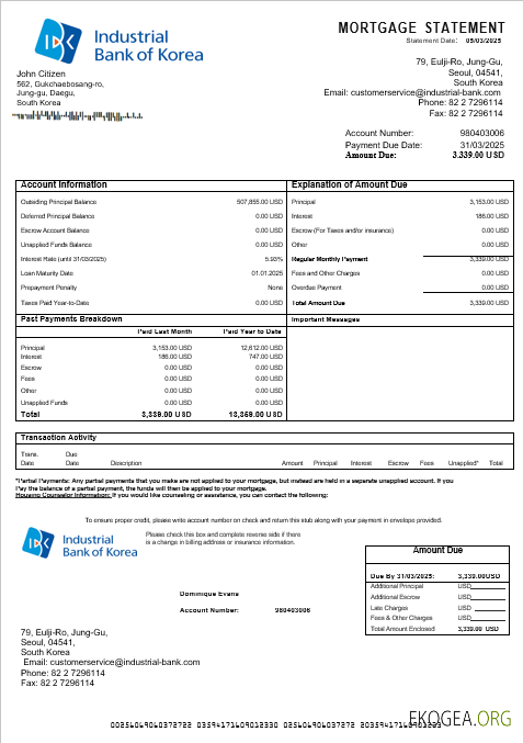 Relevé hypothécaire d'une banque industrielle de Corée du Sud aux formats Word et PDF